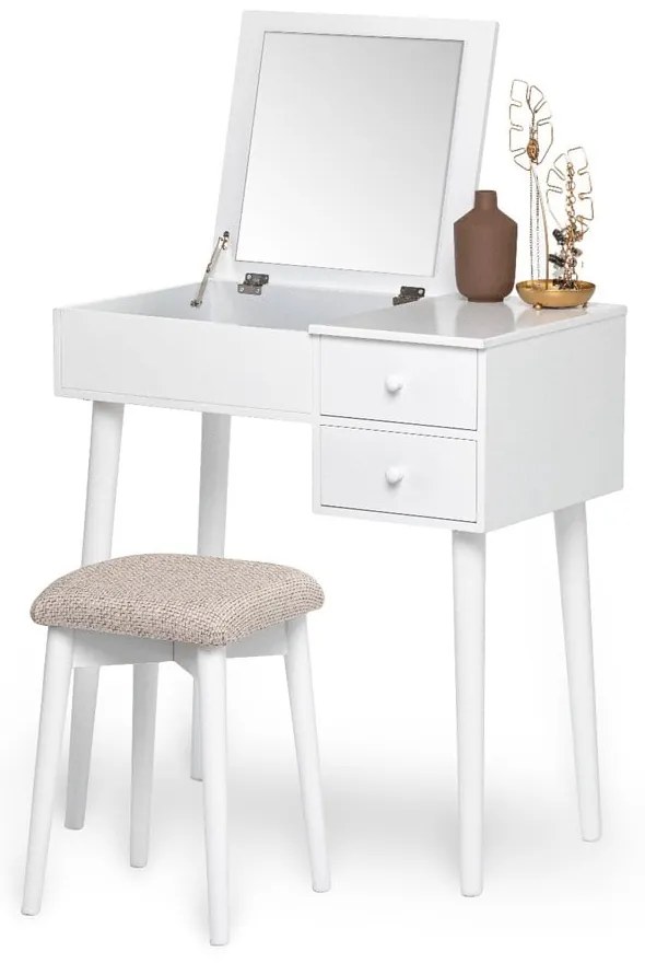 Biała toaletka z lustrem, schowkiem na biżuterię i 2 szufladami Bonami Essentials Beauty