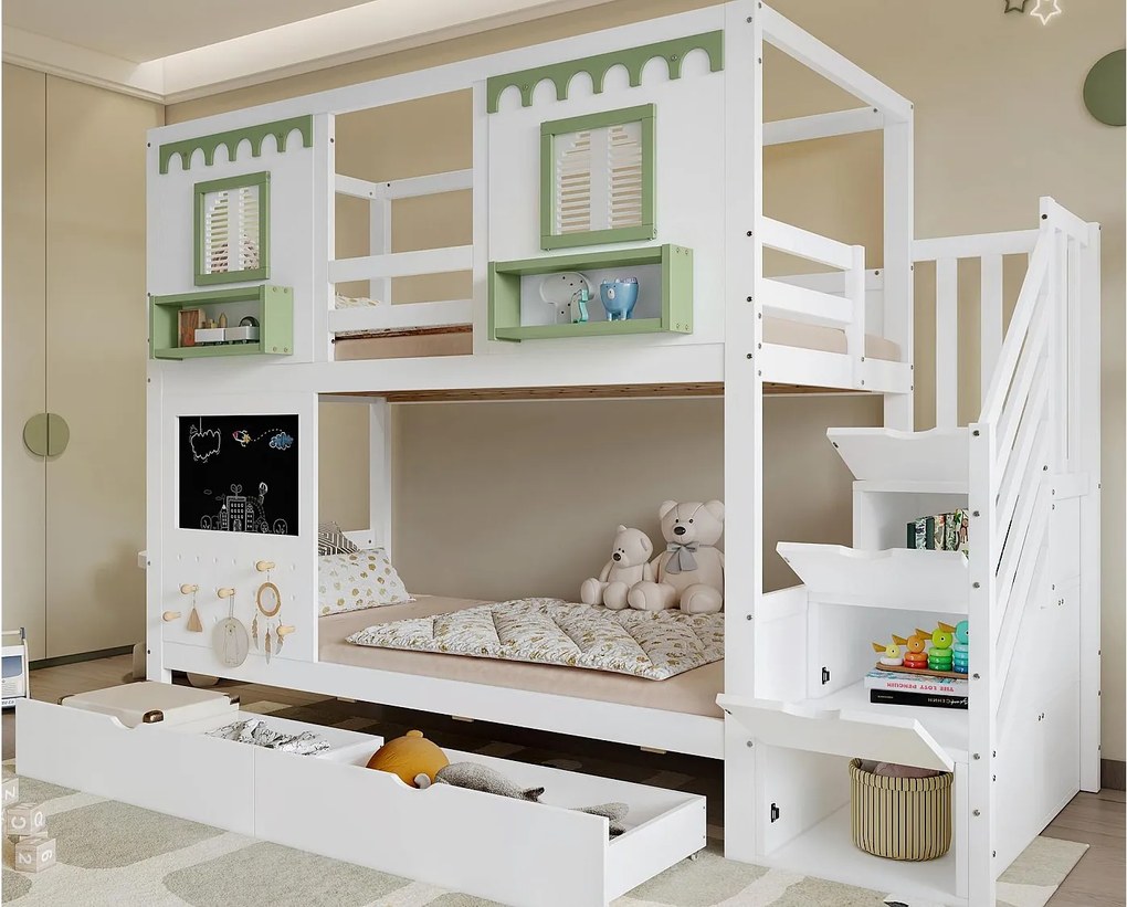 Łóżko piętrowe dla dzieci 90x200 cm - z drabiną z pojemnikami - z tablicą i panelem perforowanym - z 2 szufladami - biały + zielony​ (bez materaca)