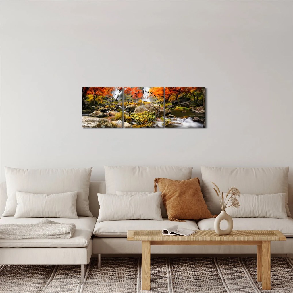 Obraz - Wodospady w jesiennym krajobrazie, pomarańczowy (z zegarem) (90x30 cm)