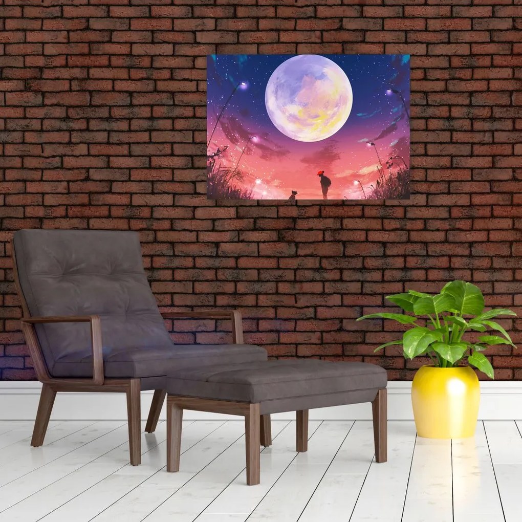 Obraz na szkle - Kobieta i pies w pełni księżyca (70x50 cm)