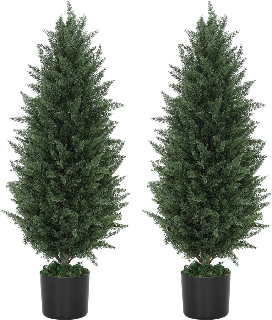 HOMCOM Zestaw 2 Sztucznych Cyprysów, Drzewka Sztuczne z 831 Liśćmi, z Cementową Doniczką, Odporny na UV, Sztuczna Roślina, 90 cm, Zielony
