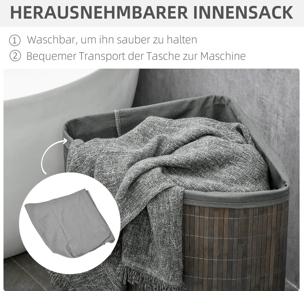 HOMCOM 55 L Kosz na pranie z pokrywą i uchwytami, Sorter prania z wyjmowanym workiem dla łazienki, Bambus, Szary