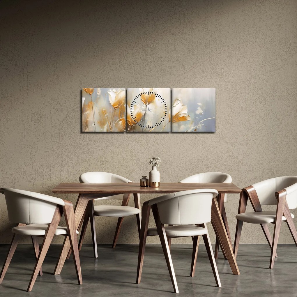 Obraz - Malowanie tulipanów (z zegarem) (90x30 cm)