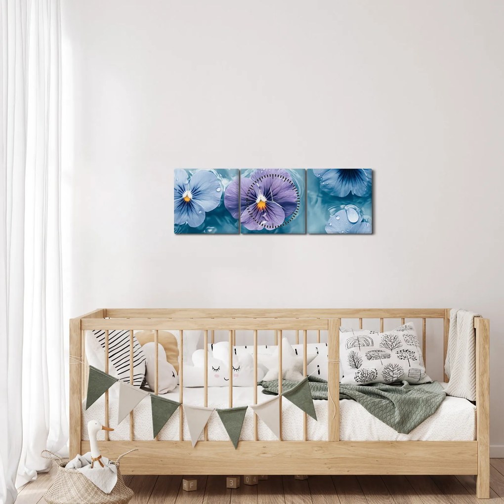 Obraz - Fiołki w wodzie (z zegarem) (90x30 cm)