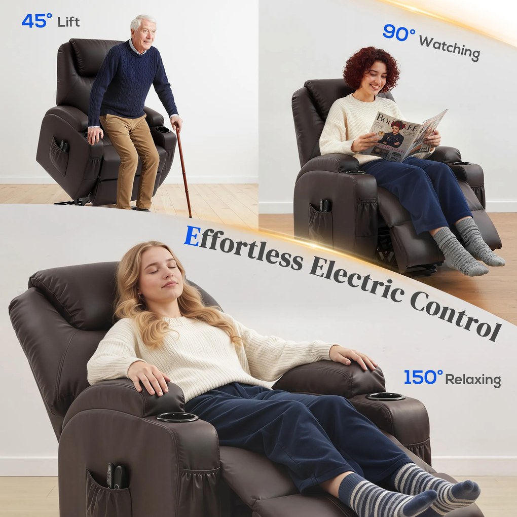 HOMCOM Fotel z funkcją wstawania, fotel relaksacyjny z pomocą przy wstawaniu, z pilotem, uchwytem na kubek, regulowane oparcie, brązowy | Aosom PL