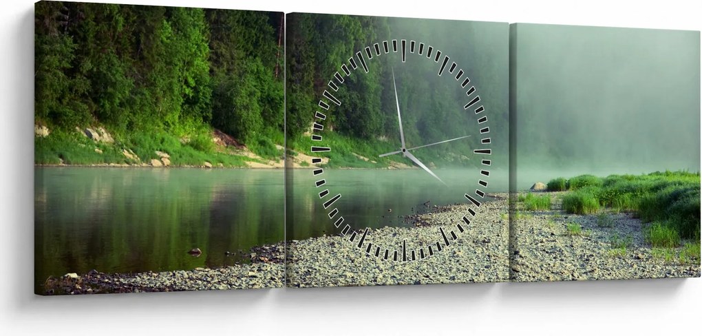 Obraz - rzeka przy lesie (z zegarem) (90x30 cm)