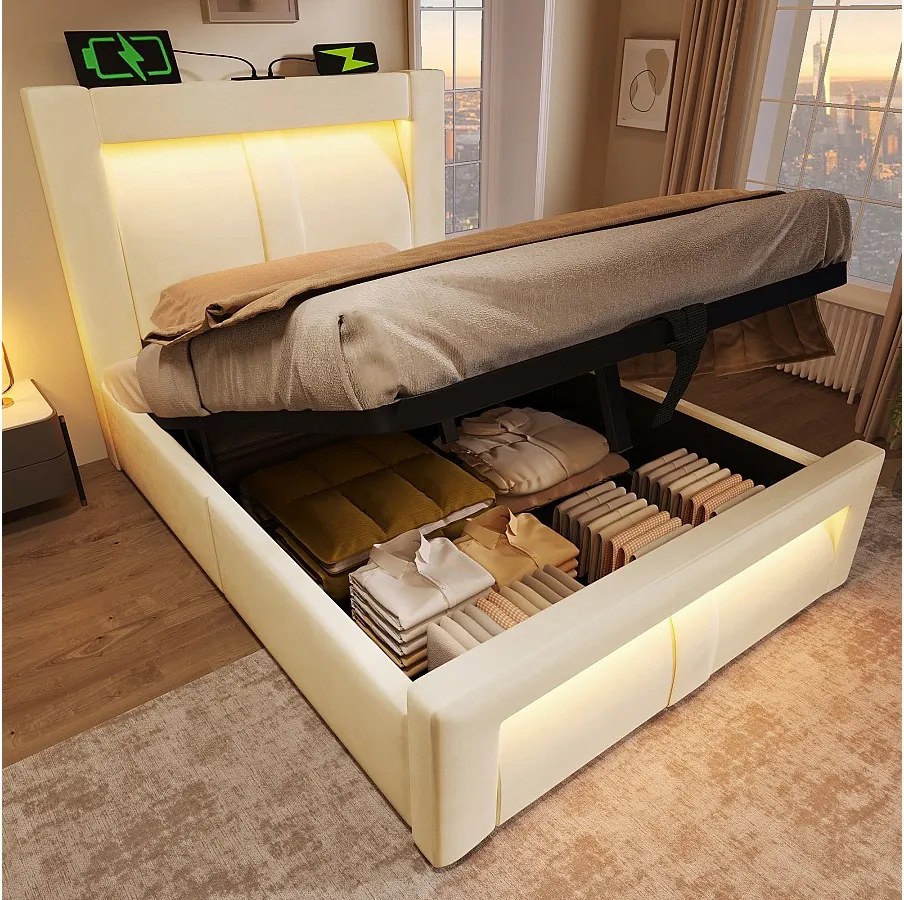 Łóżko pojedyncze z pojemnikiem na pościel - 90 x 200 cm - z hydraulicznym stelażem + diody LED + port USB + zaokrąglony zagłówek - aksamitne - beżowe