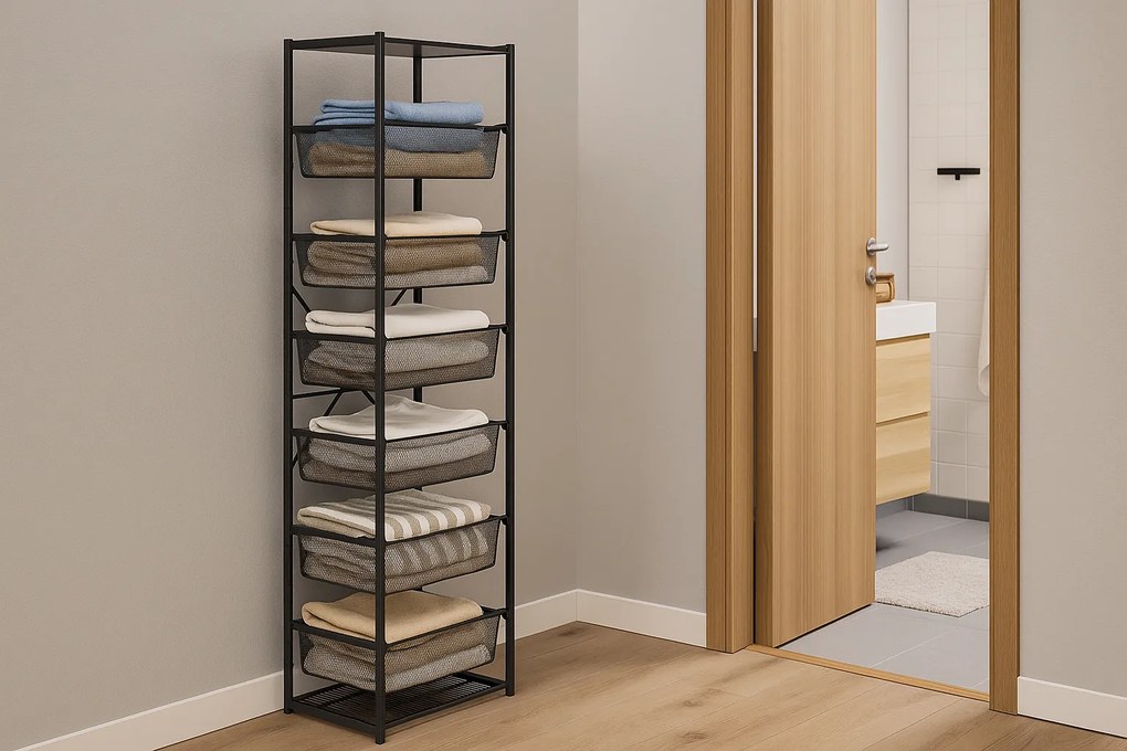 Otwarty regał koszowy, 6x kosz z drobną siatką, TYP V, 600 × 460 × 2020 mm, czarny