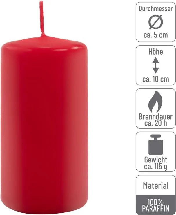 Zestaw świec filarowych, 10 cm, Ø 5 cm, czerwone, 16 szt.