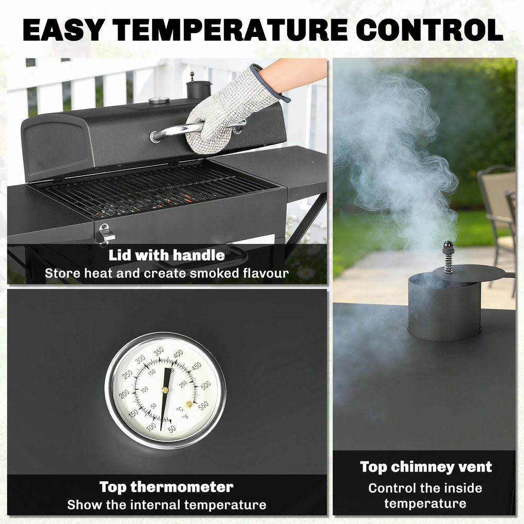 Outsunny Grill węglowy z pokrywą, BBQ Smoker z 2 bocznymi stolikami, dużą powierzchnią grillową, rusztem, termometrem i kółkami | Aosom PL