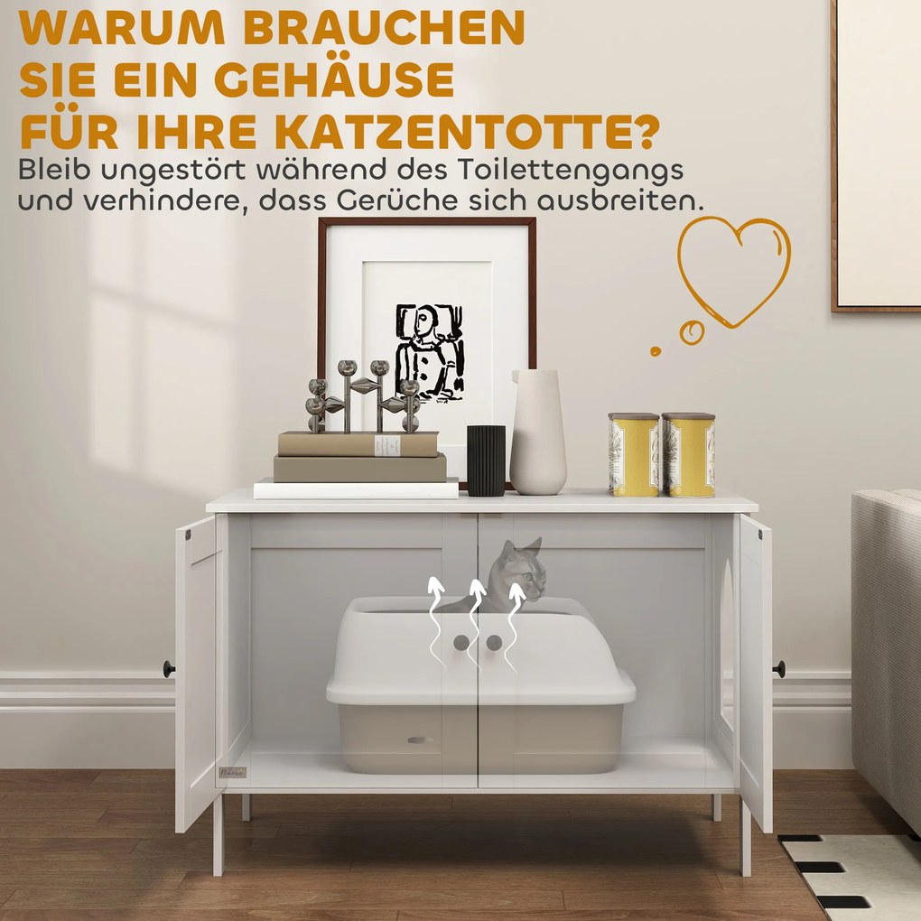 PawHut Szafka na kuwetę dla kota z drzwiami, przegrodą dla dużych kotów 80 x 51 x 54 cm, Biały