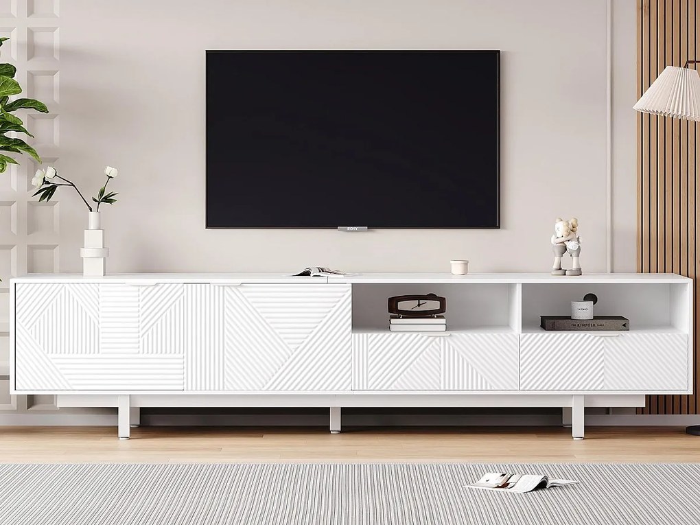 Meble TV 200 cm - z 3 przegrodami i 2 szufladami - maksymalna pojemność TV 90 cali - Biały