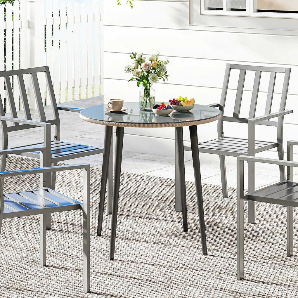 Outsunny Stół ogrodowy stalowy z rantem z PE-rattanu, regulowane nóżki, dla 4 osób, 80 x 80 x 74 cm, szary | Aosom PL