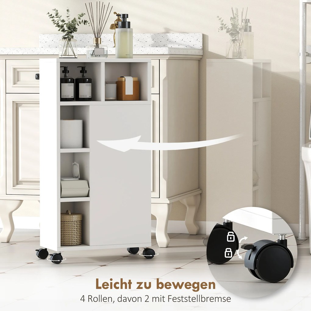 HOMCOM Szafka łazienkowa wąska, szafka z 4 kółkami, 3 szuflady, 5 otwartych przegródek, 20x40x80cm, Biały