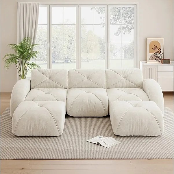 Canapé d'angle 3 places modulable en tissu chenille, avec 2 pouf, 281x171x76cm, Blanc