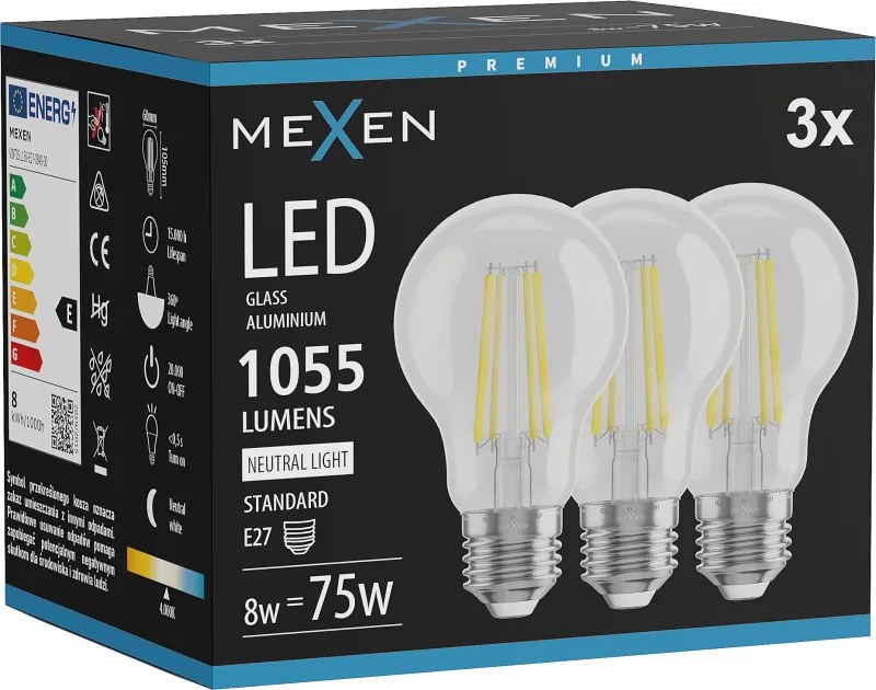 Mexen Vintis 3x żarówka filament LED E27, A60, 8W, Neutralna - 4000K, 1055 lm, clear - L150-E27-0840-00x03