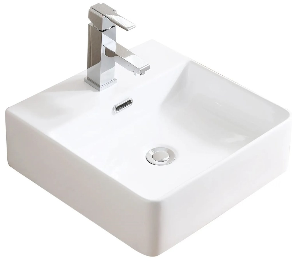 Umywalka nablatowa / wisząca kwadratowa biała z otworem i z półką na mydło 42 x 42 cm SANYA z cienkim rantem typu Slim