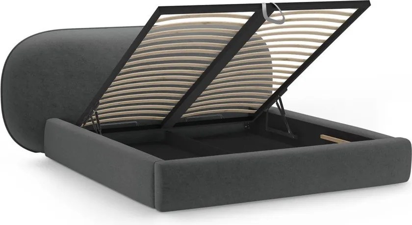 Ciemnoszare tapicerowane łóżko dwuosobowe ze schowkiem i stelażem 200x200 cm Ovalo – Micadoni