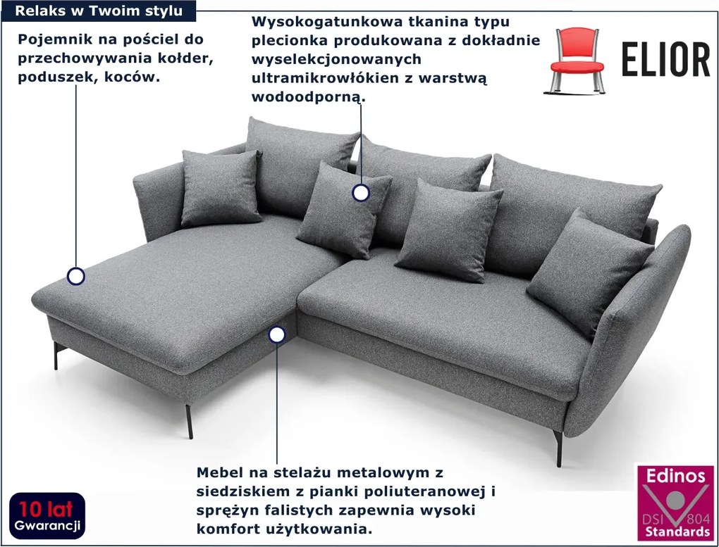 Grafitowa kanapa narożna z funkcją spania C8-D59