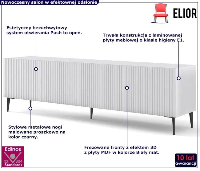 Biała szafka na TV z lamelami 200 cm - Livorno 12X