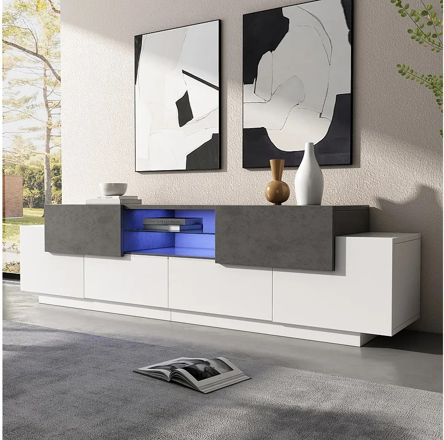 Szafka RTV z LED-ami - 180 x 40 x 45 cm - z półkami + 4 drzwi + 2 szuflady - płyta wiórowa - kolor biały i szary