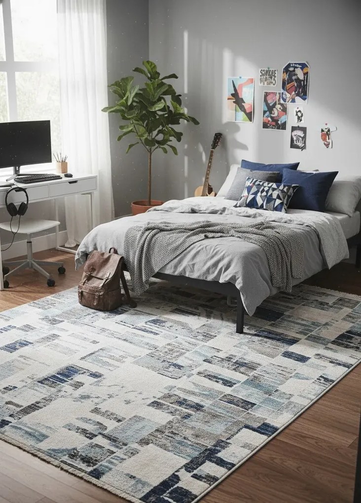 Prostokątny szary dywan z kratę K6-W88