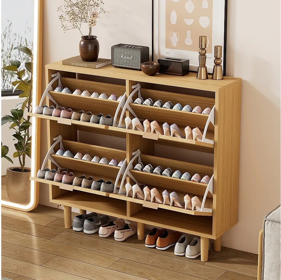 Szafka na buty z 4 drzwiami uchylnymi - płyta wiórowa - jasny dąb