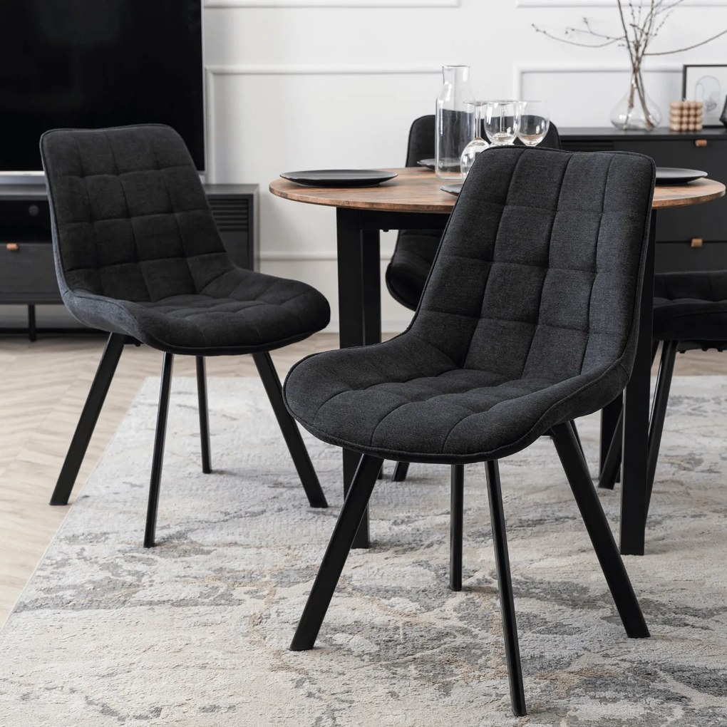 Zestaw Stół Okrągły TEO 100 cm Dąb Rustykalny/Czarny i 4 Krzesła Tapicerowane RICK 2 Czarne Nowoczesne Loft