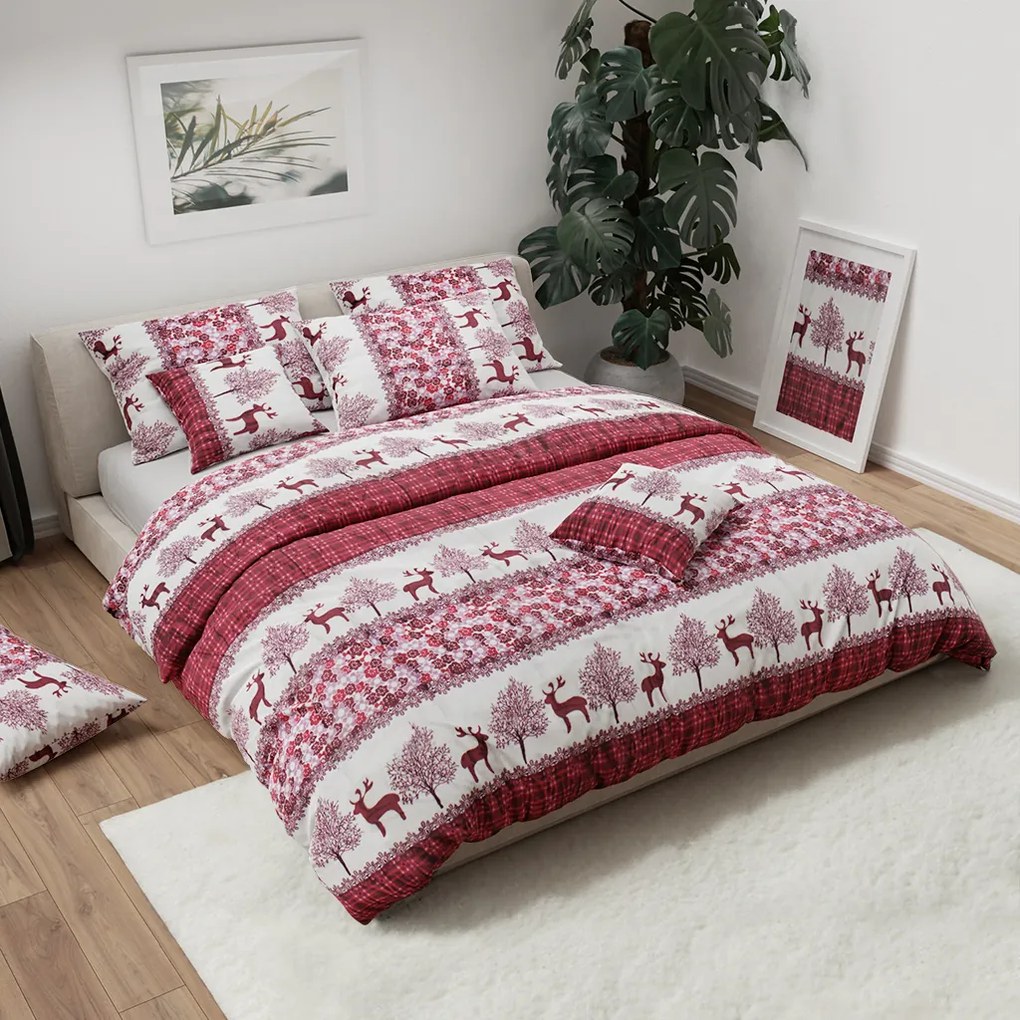 PrzytulneMieszkanie.pl PrzytulneMieszkanie.pl Pościel z mikropluszu Świąteczne Renifery wiśniowa