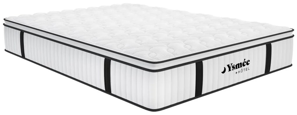 Zestaw 140 x 190 cm stelaż ze skrzynią biały + materac ognioodporny o grub. 28 cm ze sprężynami kieszeniowymi i zintegrowaną nakładką - DELICE marki YSMÉE HÔTEL