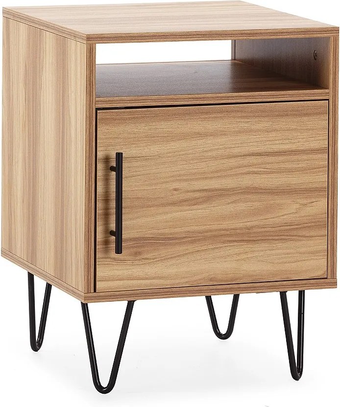 Stolik nocny Alma z 1 drzwiczką w kolorze drewna, metalowe nogi.