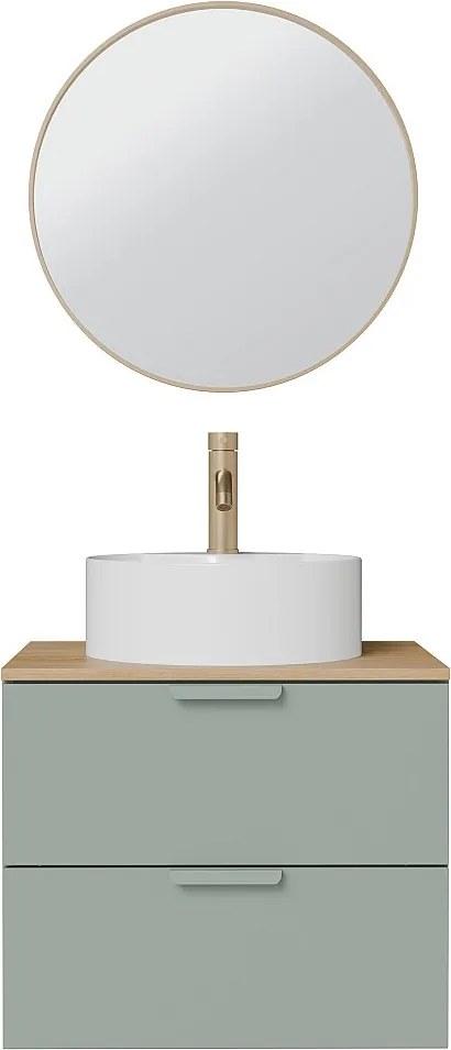 Wisząca szafka łazienkowa z okrągłą umywalką nablatową, baterią i lustrem – Szałwiowa zieleń – S60 cm – AVORELI