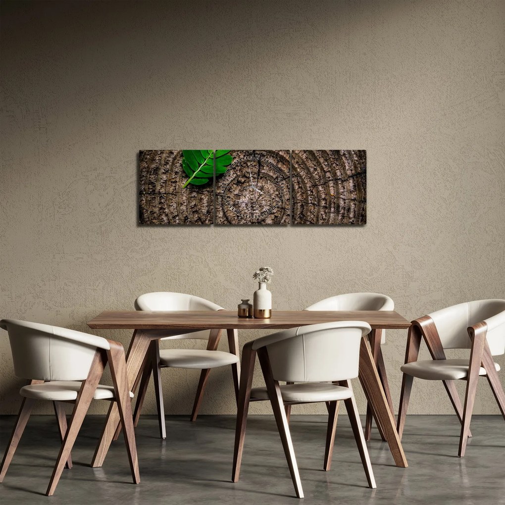 Obraz liścia na pniu drzewa (z zegarem) (90x30 cm)