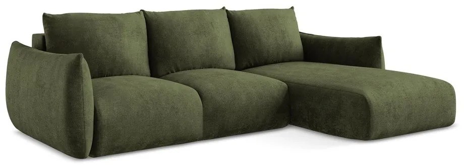 Zielony rozkładany narożnik z tkaniny szenilowej (prawostronny/z szezlongiem) Leila – Makamii