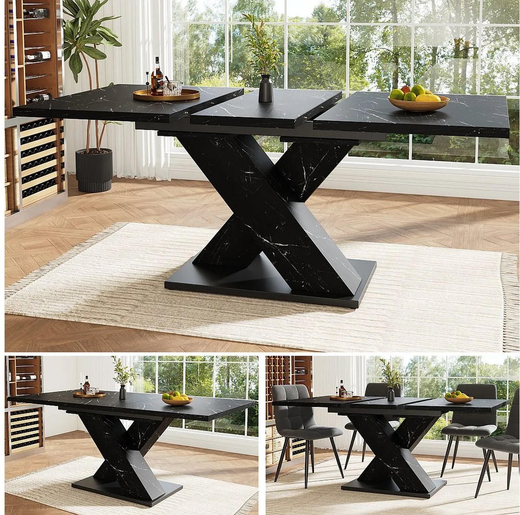 Rozkładany stół jadalny z efektem marmuru, dla 4-6 osób - 119/158,5 x 80 x 75 cm - nowoczesny design w kształcie litery X - MDF - czarny