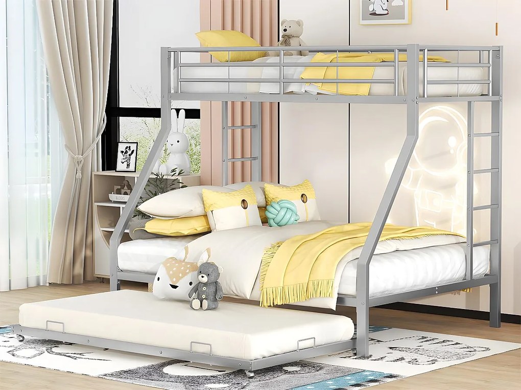 Łóżko piętrowe 90/140x200cm z łóżkiem wysuwanym 90x190cm - metalowa rama - Srebrny