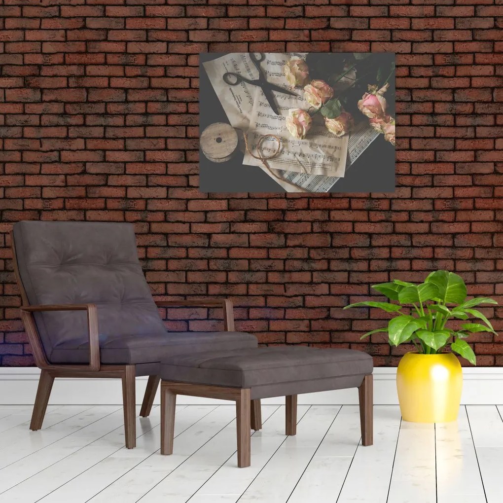 Obraz na szkle - nuty i róże (70x50 cm)