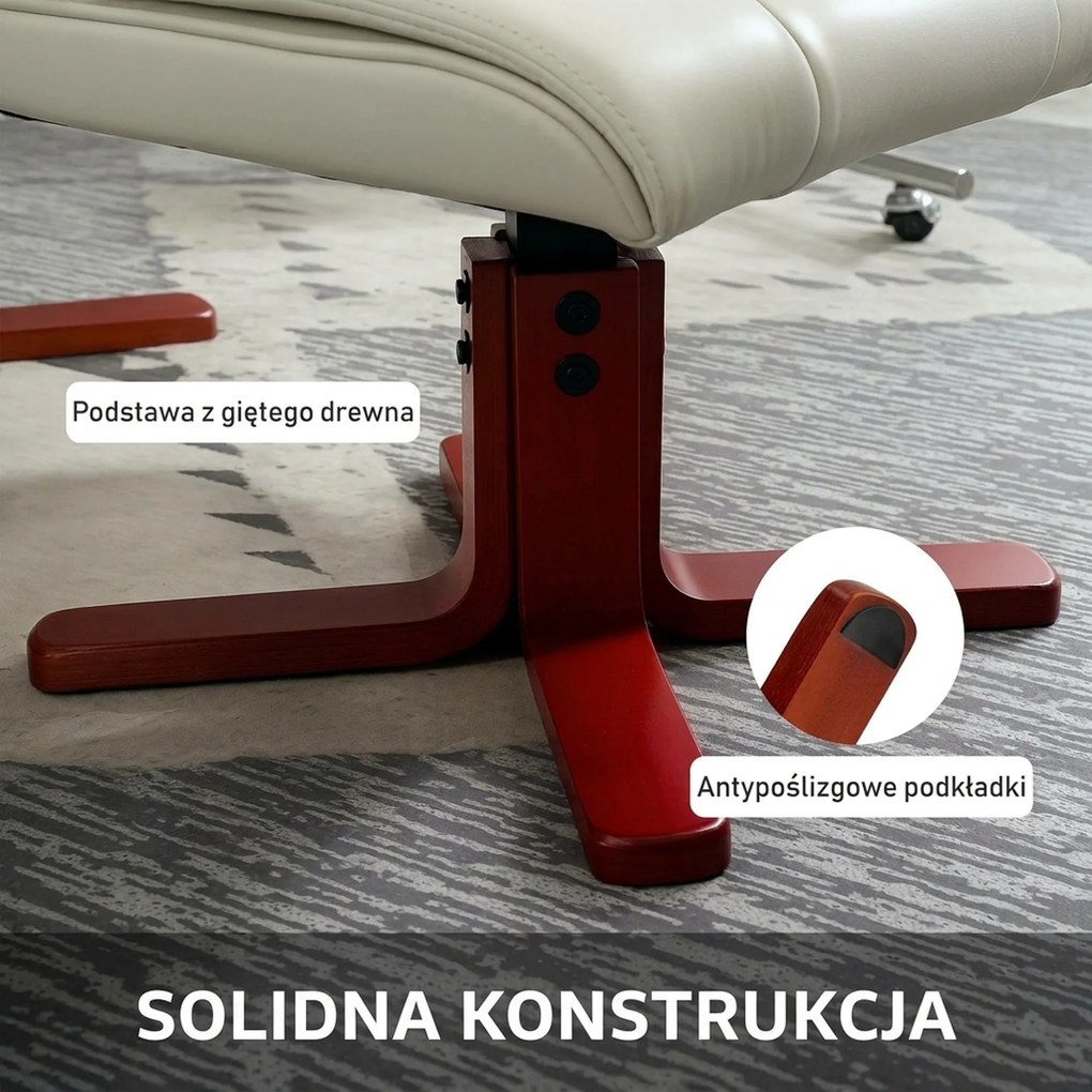 HOMCOM Fotel relaksacyjny z podnóżkiem, w wyglądzie skóry, regulowana oparcie, do 150 kg, kremowobiały