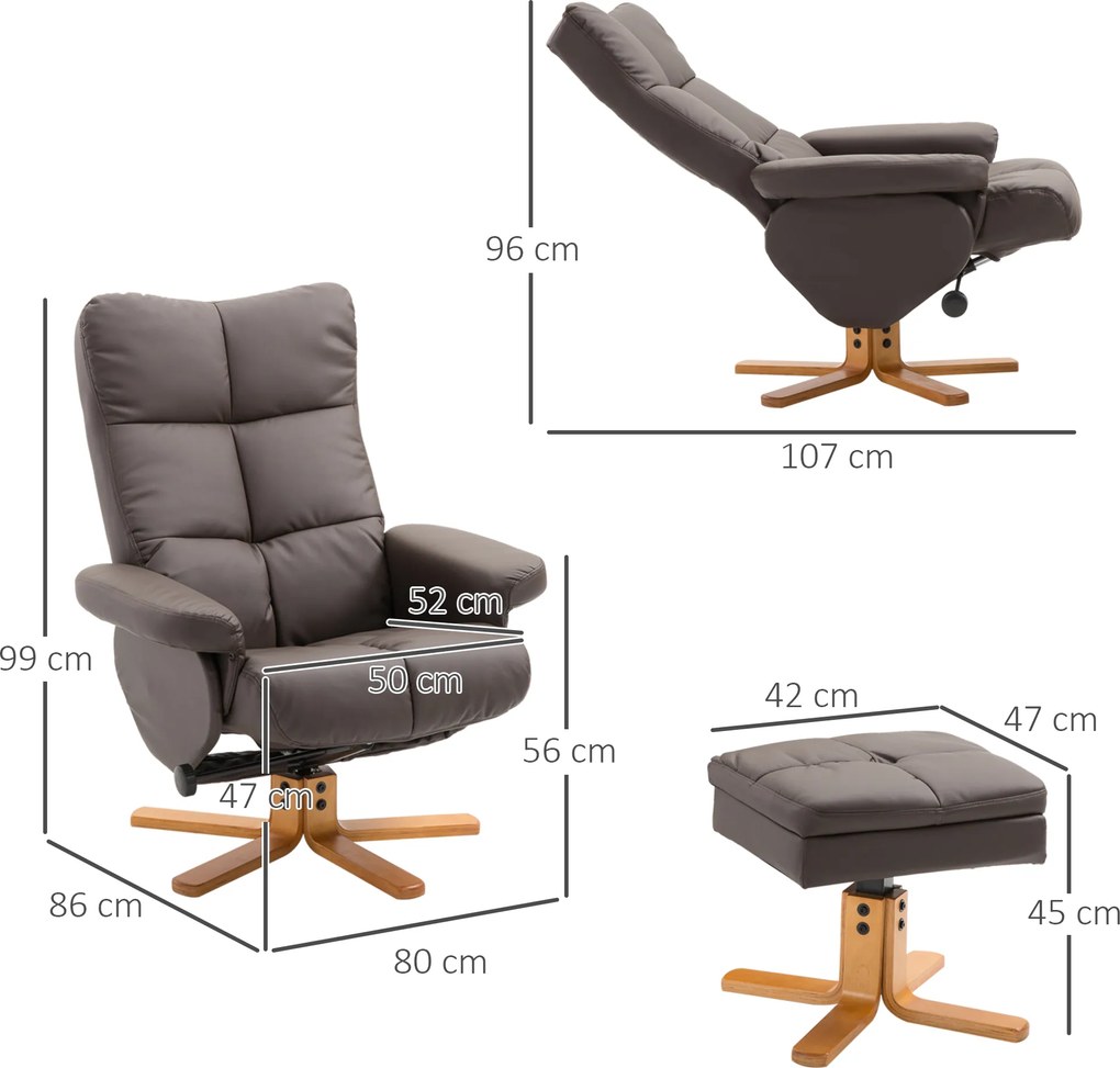 HOMCOM Fotel relaksacyjny TV z funkcją obrotu 360° i podnóżkiem Rozkładany Brązowy Drewniana rama 80x86x99cm | Aosom PL