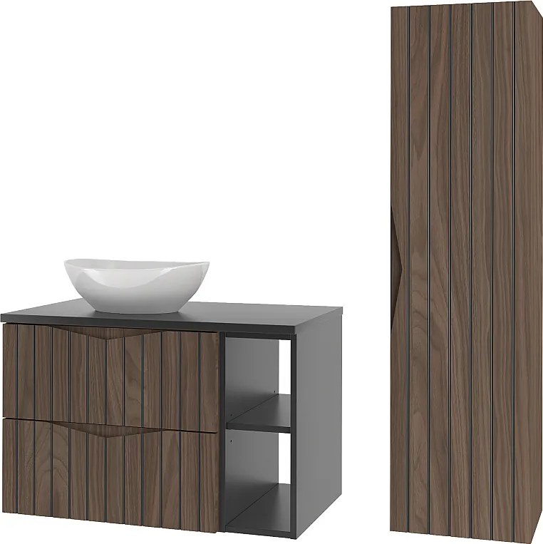 Zestaw Łazienkowy 80cm Szafka z Blatem Umywalka Regał Słupek Ryflowane Fronty Dąb Orzech Stella