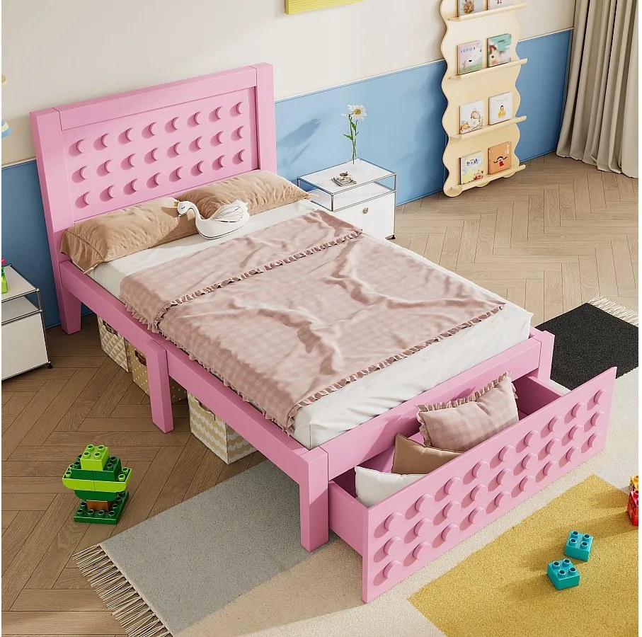 Łóżko dziecięce 90 x 190 cm – łóżko pojedyncze z szufladami i schowkiem pod łóżkiem – różowe drewno – bez materaca