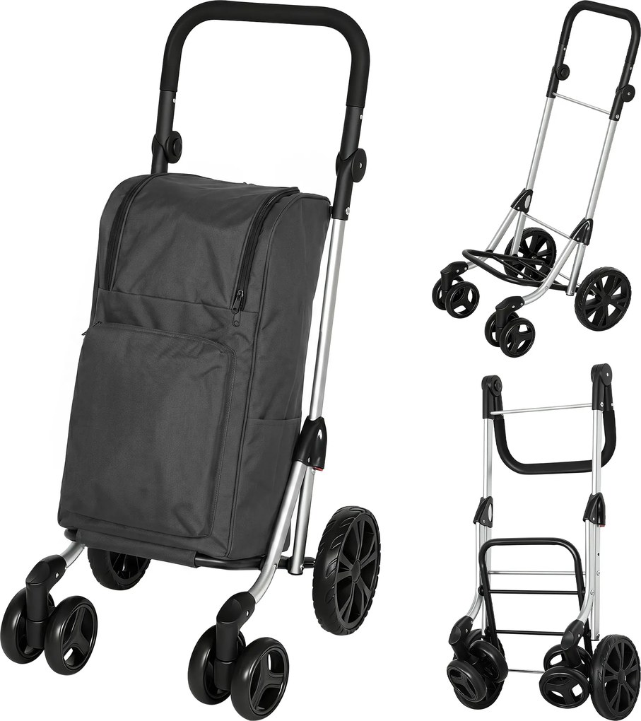 HOMCOM Wózek na zakupy, torba 46 l, składany wózek z kieszenią chłodzącą, regulowany uchwyt, rama aluminiowa, ciemnoszary | Aosom PL