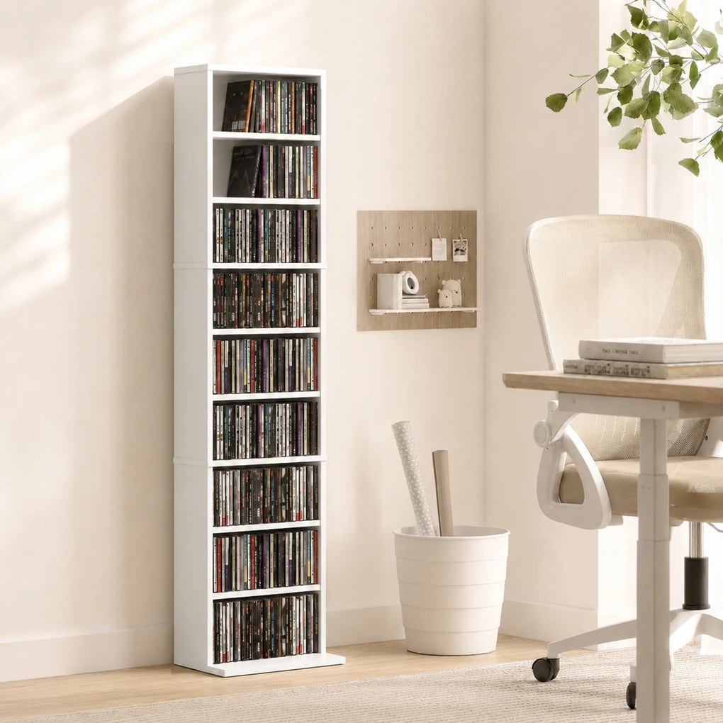 HOMCOM Regał na płyty CD/DVD, 9 poziomów, wąski regał stojący z 6 regulowanymi półkami, dla 260 płyt CD, Biały | Aosom PL