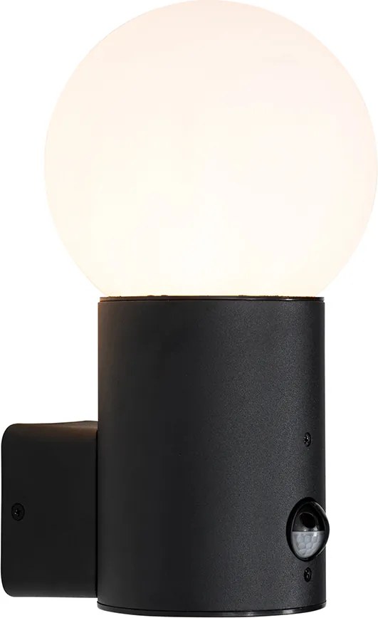 Lampa ścienna zewnętrzna czarna z opalowym szkłem z czujnikiem ruchu - Huma