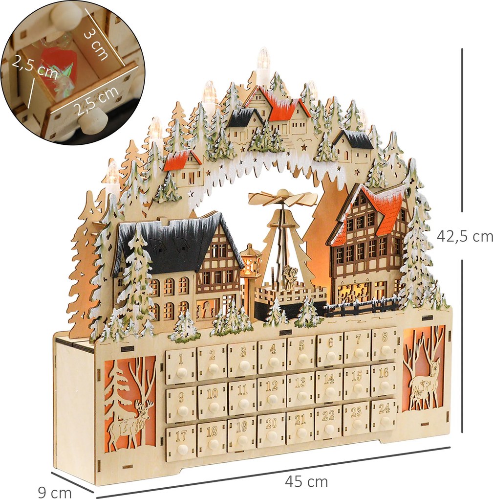 HOMCOM Kalendarz Świąteczny z Domkami, 18 Diód LED, 24 Przesuwane Schowki, Wielokrotnego Użytku, 45 x 9 x 42,5 cm | Aosom PL