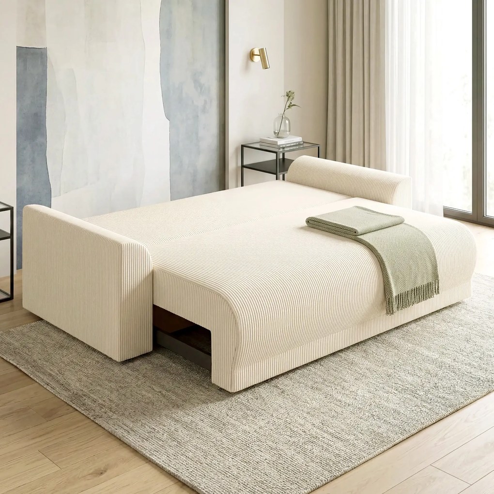 HOMCOM Sofa rozkładana 190x150 cm 3-osobowa z funkcją spania, poduszki, schowek, wygląd sztruksu do salonu, beżowa | Aosom PL