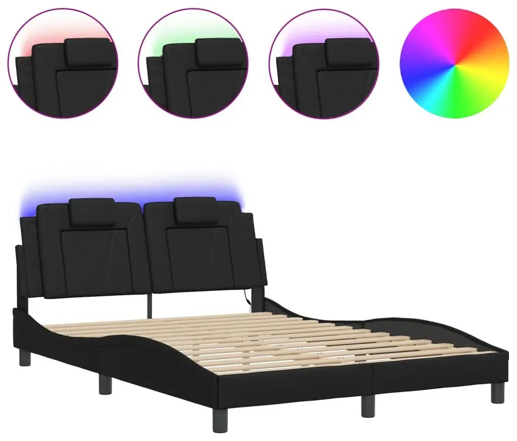 Czarne podwójne łóżko z ekoskóry z LED 140x200 - Izmo 5X