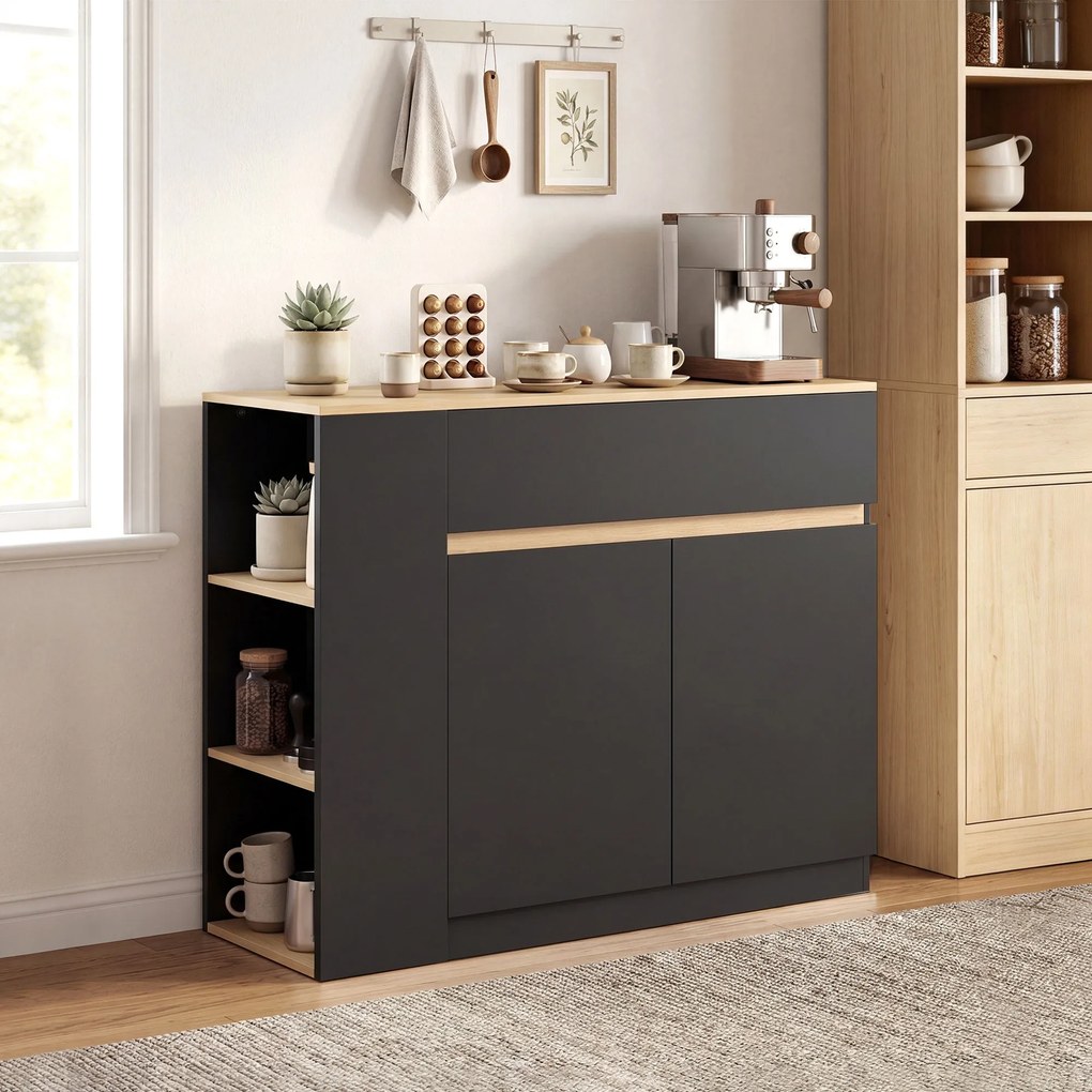HOMCOM Sideboard, kredens, duża komora szafkowa, 3-stopniowy regał, szuflada, czarny, 110 x 29,5 x 82 cm | Aosom PL
