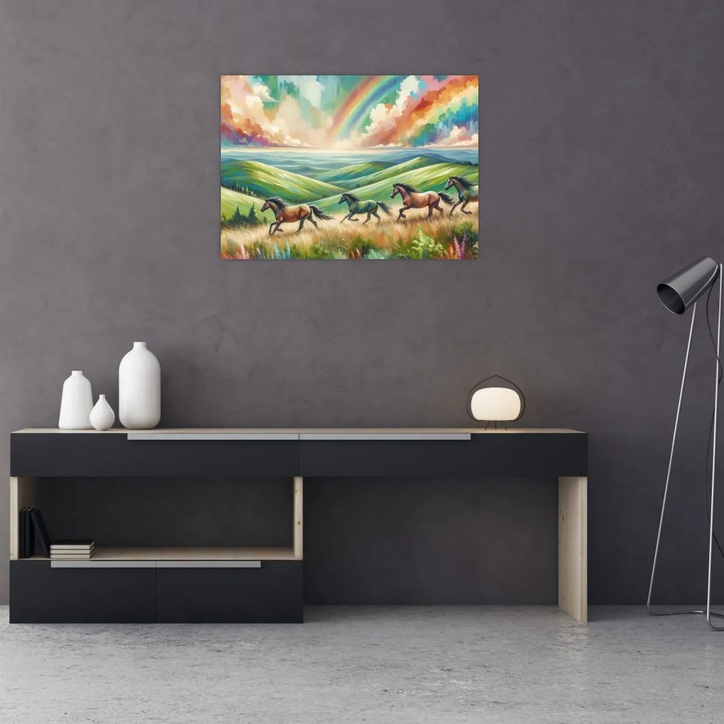 Obraz na szkle – Konie galopujące przez krajobraz (70x50 cm)