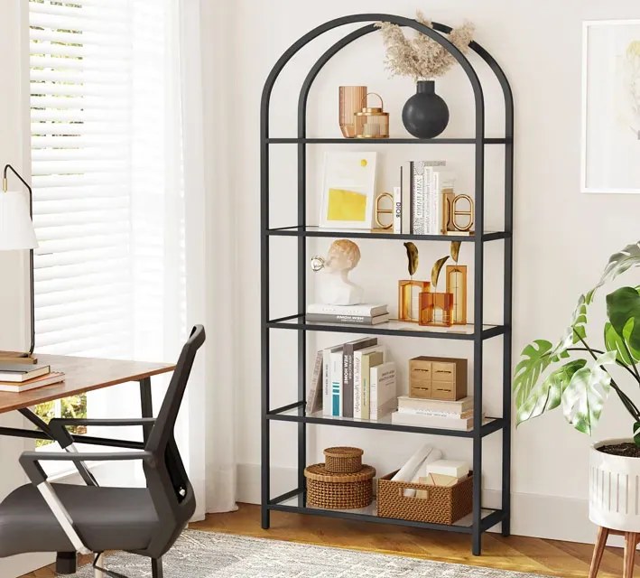 Czarny metalowy regał loft ze szklanymi półkami P7-E90